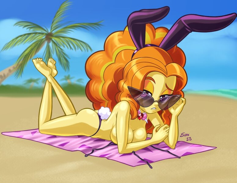 Size: 1100x850 | Tagged: questionable, artist:shaxbert, derpibooru import, adagio dazzle, equestria girls, beach, breasts, bunny ears, bunny tail, busty adagio dazzle, clothes, female, image, jpeg, looking at you, palm tree, partial nudity, playboy bunny adagio dazzle, solo, solo female, sunglasses, tail, topless, towel, tree, unimpressed