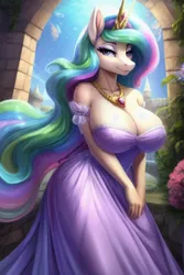 Size: 512x768 | Tagged: safe, artist:fragglezed, derpibooru import, machine learning generated, princess celestia, alicorn, anthro, fish, ai content, big breasts, breasts, bubble, busty princess celestia, canterlot, castle, clothes, crepuscular rays, crown, dress, eyeshadow, female, flower, flowing hair, flowing mane, flowing tail, g4, gem, horn, huge breasts, image, jewelry, lidded eyes, looking at you, makeup, necklace, ocean, outdoors, png, prompter:fragglezed, regalia, scenery, signature, smiling, smiling at you, solo, sun, sunlight, swimming, tail, underwater, water