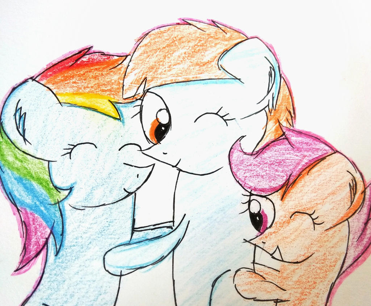 Size: 1024x844 | Tagged: safe, artist:sumi-mlp25, derpibooru import, rainbow dash, scootaloo, windy whistles, pegasus, pony, ^^, adopted, adopted offspring, cute, daaaaaaaaaaaw, eyes closed, female, filly, foal, group hug, heartwarming, hug, image, mare, mother and child, mother and daughter, mother's day, one eye closed, png, scootadoption, siblings, sisters, smiling, trio, wholesome, wink