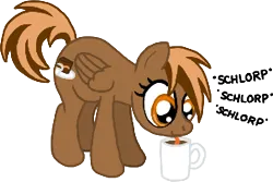 Size: 302x202 | Tagged: safe, artist:aprilfools, ponerpics import, oc, pegasus, pony, /bale/, coffee, coffee mug, female, image, lapping, mare, mug, pegasus oc, png, simple background, solo, text, transparent background, wings