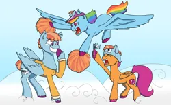 Size: 1280x783 | Tagged: safe, artist:goodieprocter, derpibooru import, rainbow dash, scootaloo, windy whistles, pegasus, pony, adopted, adopted offspring, cheering, cloud, crying, cute, daaaaaaaaaaaw, female, filly, flying, foal, grin, heartwarming, image, mare, mother and child, mother and daughter, mother's day, png, pom pom, scootadoption, siblings, sisters, smiling, spread wings, tears of joy, trio, wholesome, wings