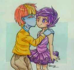 Size: 971x924 | Tagged: safe, artist:annazora, derpibooru import, scootaloo, windy whistles, human, equestria girls, adopted, adopted offspring, ballerina, blushing, clothes, cute, daaaaaaaaaaaw, female, hand on shoulder, image, kiss on the cheek, kissing, mother and child, mother and daughter, one eye closed, png, scootadoption, scootalove, scootarina, smiling, wholesome