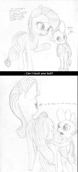 Size: 2000x4370 | Tagged: suggestive, artist:styroponyworks, derpibooru import, rarity, spike, dragon, pony, annoyed, butt touch, image, jpeg, shy, sketch