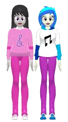 Size: 400x720 | Tagged: safe, artist:ardoplasma41, artist:creatorofpony, artist:karlo-habagat, artist:kurauchi, derpibooru import, octavia melody, vinyl scratch, equestria girls, 3d, clothes, front view, hoodie, image, mmd, pants, png, polo shirt, shoes, simple background, sneakers, transparent background