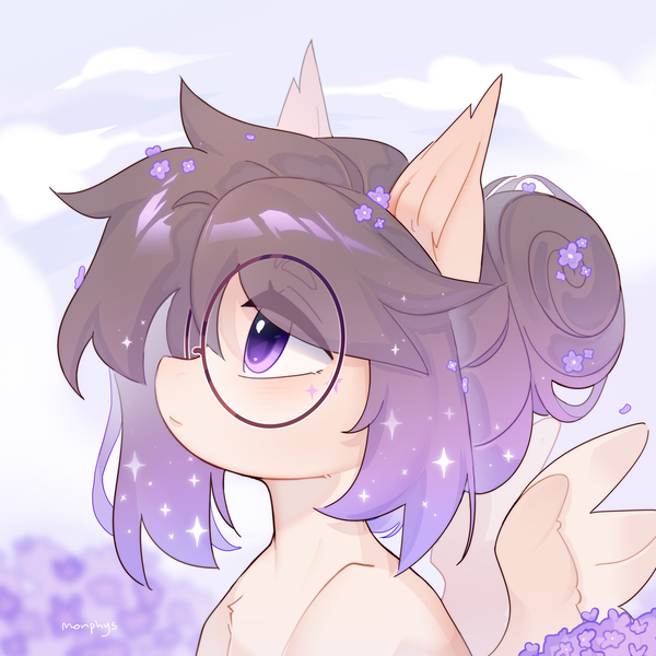 Size: 4000x4000 | Tagged: safe, artist:monphys, derpibooru import, royal ribbon, oc, pegasus, pony, flower, flower in hair, glasses, image, png, purple eyes, solo, sparkles