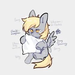 Size: 3000x3000 | Tagged: safe, artist:monphys, derpibooru import, derpy hooves, pegasus, pony, apologetic, apology, crying, female, frown, hug, image, mare, messy mane, messy tail, pillow, pillow hug, png, self deprecation, simple background, solo, tail, teary eyes, text, vent art, white background