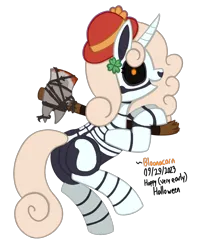Size: 1018x1250 | Tagged: safe, artist:bloonacorn, derpibooru import, oc, oc:bloona blazes, unofficial characters only, skeleton pony, unicorn, /mlp/ tf2 general, axe, axtinguisher, bone, image, png, simple background, skeleton, team fortress 2, transparent background, weapon