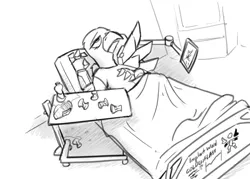 Size: 3500x2500 | Tagged: safe, artist:captainhoers, derpibooru import, oc, oc:goldenflash, unofficial characters only, gryphon, amputee, bed, grayscale, griffon oc, high angle, hospital bed, image, jpeg, monochrome, on bed, prosthetic limb, prosthetics, simple background, solo, white background