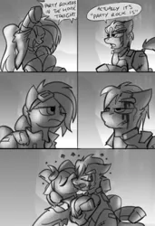 Size: 2500x3650 | Tagged: safe, artist:captainhoers, derpibooru import, oc, oc:atom smasher, oc:jump cannon, unofficial characters only, pegasus, pony, the sunjackers, blood, comic, dialogue, duo, duo female, female, grayscale, heart, image, jpeg, kiss on the lips, kissing, lesbian, making out, mare, monochrome, oc x oc, party rock anthem, shipping, speech bubble