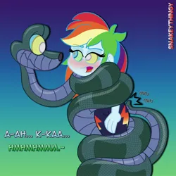 Size: 2048x2048 | Tagged: suggestive, artist:snakeythingy, derpibooru import, rainbow dash, human, snake, equestria girls, blushing, coils, female, hypno dash, hypno eyes, hypnosis, hypnotized, image, jpeg, kaa, kaa eyes, looking at each other, looking at someone, male, patting, story included