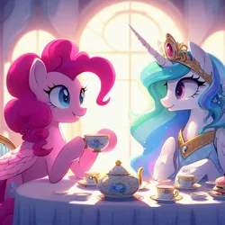 Size: 1024x1024 | Tagged: safe, derpibooru import, machine learning generated, pinkie pie, princess celestia, alicorn, pegasus, ai content, bing, burger, cheeseburger, food, hamburger, image, jpeg, pegasus pinkie pie, race swap, smiling, tea, wings