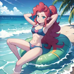 Size: 1536x1536 | Tagged: safe, derpibooru import, pinkie pie, equestria girls, ai content, arm behind head, beach, belly button, bikini, blue bikini, blue swimsuit, breasts, cleavage, clothes, image, midriff, open mouth, outdoors, png, sitting, swimsuit, water