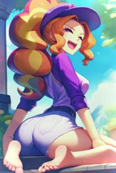 Size: 2048x3072 | Tagged: suggestive, derpibooru import, machine learning generated, stable diffusion, adagio dazzle, equestria girls, adagio dat-azzle, adorasexy, ai content, ass, barefoot, breasts, busty adagio dazzle, butt, clothes, cute, denim, denim shorts, eyes closed, feet, female, foot focus, generator:purplesmart.ai, image, jpeg, laughing, looking back, open mouth, prompter:lerkyboy, sexy, shorts, sideboob, stupid sexy adagio dazzle, thighs, thunder thighs, wide hips