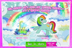 Size: 1964x1302 | Tagged: safe, derpibooru import, idw, official, sunlight (g1), earth pony, pony, g1, advertisement, bow, cloud, costs real money, english, female, g4, gameloft, idw showified, image, jpeg, mare, mobile game, my little pony: magic princess, numbers, rainbow waterfall, sale, solo, solo focus, tail, tail bow, text