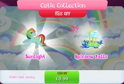 Size: 1271x864 | Tagged: safe, derpibooru import, idw, official, sunlight (g1), earth pony, pony, g1, bow, bundle, cloud, costs real money, english, female, g4, gameloft, idw showified, image, jpeg, mare, mobile game, my little pony: magic princess, numbers, rainbow waterfall, sale, solo, solo focus, tail, tail bow, text
