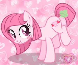 Size: 934x780 | Tagged: safe, artist:muhammad yunus, artist:persephoneiabases, oc, oc:annisa trihapsari, unofficial characters only, earth pony, pony, base used, blushing, cute, embarrassed, fart, female, heart, heart background, image, mare, pink background, png, simple background, solo, solo female, watermark
