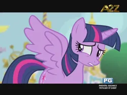Size: 640x480 | Tagged: safe, derpibooru import, screencap, twilight sparkle, twilight sparkle (alicorn), alicorn, pony, princess twilight sparkle (episode), a2z, female, image, mare, philippines, png, solo, spread wings, television, tv rating, wings