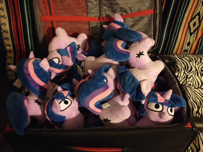 Size: 4096x3072 | Tagged: safe, artist:jargon scott, derpibooru import, twilight sparkle, pony, unicorn, female, filly, filly twilight sparkle, image, irl, jpeg, multeity, photo, plushie, sparkle sparkle sparkle, squatpony, suitcase, twiggie, unicorn twilight, younger