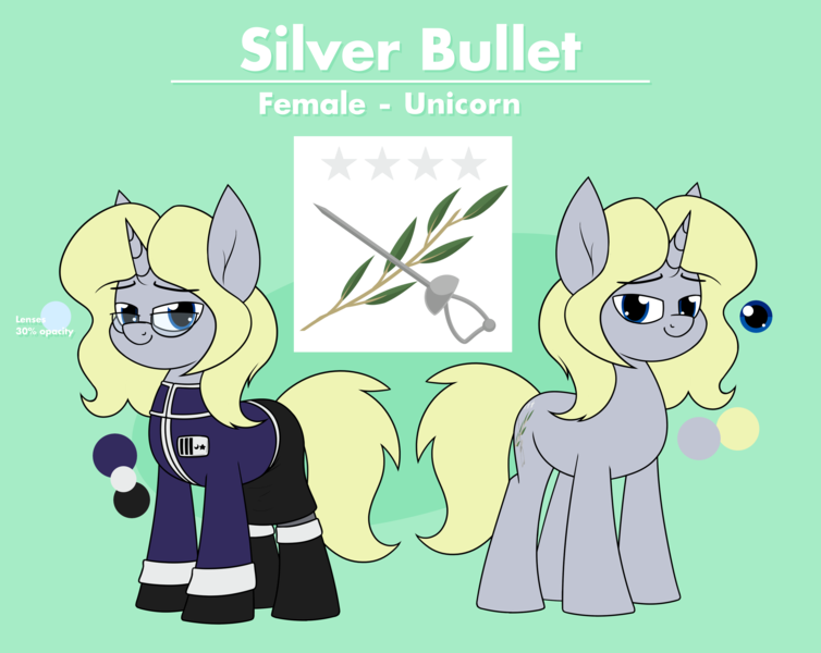 Size: 2772x2205 | Tagged: safe, artist:moonatik, derpibooru import, oc, oc:silver bullet, unofficial characters only, pony, unicorn, clothes, commission, cutie mark, female, horn, image, mare, military uniform, png, reference sheet, solo, unicorn oc, uniform