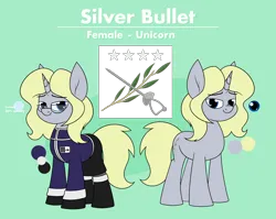 Size: 2772x2205 | Tagged: safe, artist:moonatik, derpibooru import, oc, oc:silver bullet, unofficial characters only, pony, unicorn, clothes, commission, cutie mark, female, horn, image, mare, military uniform, png, reference sheet, solo, unicorn oc, uniform