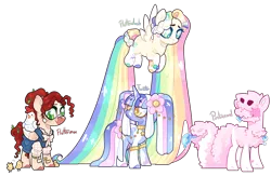 Size: 2556x1666 | Tagged: safe, artist:jaysey, artist:katsubases, derpibooru import, oc, unofficial characters only, bird, chicken, pegasus, pony, unicorn, armlet, bandaid, bandaid on nose, base used, chick, colored muzzle, colored pupils, female, flower, flower in hair, flying, hidden eyes, hooves, horn, image, impossibly long hair, impossibly long tail, interspecies offspring, jewelry, magical lesbian spawn, mare, multicolored hair, multicolored hooves, necklace, offspring, parent:big macintosh, parent:discord, parent:fluttershy, parent:pinkie pie, parent:rainbow dash, parent:starlight glimmer, parent:twilight sparkle, parents:discopie, parents:flutterdash, parents:fluttermac, parents:twistarlight, pegasus oc, pigtails, png, rainbow hair, simple background, tail, tongue out, transparent background, twintails, unicorn oc, unshorn fetlocks, wings