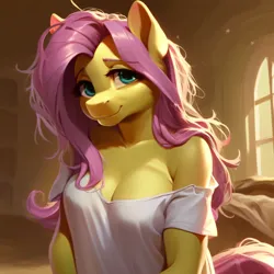 Size: 3072x3072 | Tagged: suggestive, derpibooru import, machine learning generated, stable diffusion, fluttershy, anthro, ai content, bedroom, generator:pony diffusion v5, generator:purplesmart.ai, image, looking at you, loose fitting clothes, messy mane, morning, png, smiling, smiling at you, solo, tired eyes, white shirt