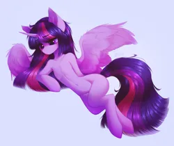 Size: 2648x2228 | Tagged: safe, artist:shenki, derpibooru import, twilight sparkle, twilight sparkle (alicorn), alicorn, pony, semi-anthro, belly, belly button, eyebrows, eyebrows visible through hair, female, g4, high res, horn, image, light blue background, mare, png, signature, simple background, smiling, solo, spread wings, wings