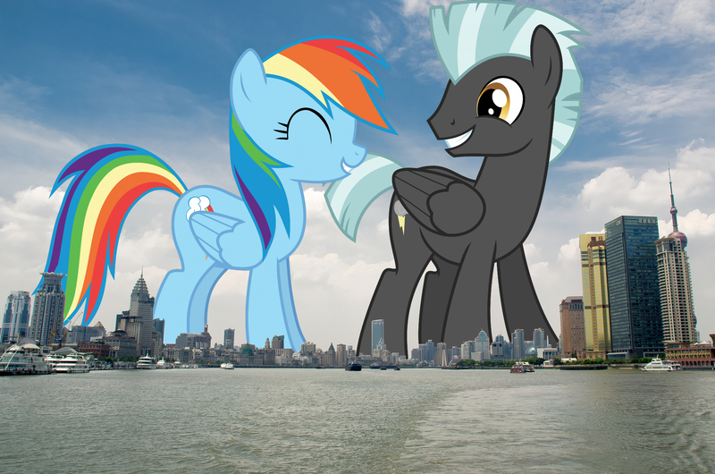 Size: 2048x1357 | Tagged: artist needed, safe, artist:chainchomp2 edits, derpibooru import, edit, editor:jaredking779, rainbow dash, thunderlane, pegasus, pony, china, duo, female, giant pony, giantess, highrise ponies, image, irl, jpeg, macro, male, mare, photo, ponies in real life, shanghai, stallion, story included