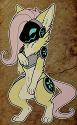 Size: 1280x2080 | Tagged: safe, derpibooru import, machine learning generated, fluttershy, cyborg, ai content, derpibooru exclusive, generator:easyfluff v11.2, image, jpeg, looking at you, prompter:darbarri, protogen, simple background, solo