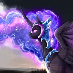 Size: 2024x2024 | Tagged: safe, artist:not-ordinary-pony, derpibooru import, twilight sparkle, alicorn, armor, crepuscular rays, derpibooru exclusive, gameloft interpretation, glow, glowing eyes, glowing mane, image, nightmare twilight, nightmarified, png, solo, sternocleidomastoid, sunset