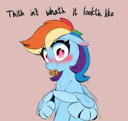 Size: 1000x952 | Tagged: safe, artist:inkypuso, derpibooru import, rainbow dash, pegasus, pony, blatant lies, blushing, cookie, cookie thief, cute, dashabetes, dialogue, ear blush, eyebrows, eyebrows visible through hair, feather fingers, female, floppy ears, food, image, jpeg, mare, mouth hold, muffled words, nervous sweat, red background, simple background, solo, sweat, talking to viewer, wing hands, wings