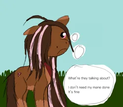 Size: 2184x1909 | Tagged: safe, artist:lil rocky road, derpibooru import, pegasus, pony, series:rocky road, bandana, concept, derpibooru exclusive, frown, grass, idea, image, messy mane, png, simple background, sky, solo, sunglasses, text, thought bubble, wingless
