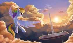 Size: 3700x2200 | Tagged: safe, artist:emeraldgalaxy, derpibooru import, rainbow dash, pegasus, pony, fallout equestria, fanfic, cloud, fanfic art, female, flying, g4, high res, hooves, image, jpeg, mare, ministry mares, signature, single pegasus project, sky, solo, spread wings, wings