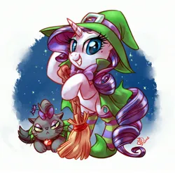 Size: 2950x2900 | Tagged: safe, artist:whitediamonds, derpibooru import, opalescence, rarity, cat, pony, unicorn, beauty mark, bipedal, broom, clothes, costume, duo, female, g4, grin, hat, high res, horn, image, jpeg, looking at you, mare, nightmare night, nightmare night costume, signature, smiling, smiling at you, socks, striped socks, witch