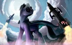 Size: 1920x1222 | Tagged: safe, artist:tsitra360, derpibooru import, oc, oc:silva hound, unofficial characters only, pegasus, pony, cape, clothes, cloud, image, jpeg, low angle, male, rocket, shutter shades, smoke, solo, stallion, sunglasses, turned head