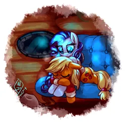Size: 1450x1400 | Tagged: safe, artist:whitediamonds, derpibooru import, applejack, rarity, earth pony, pony, unicorn, applejack's hat, clothes, coat, couch, cowboy hat, duo, duo female, eyebrows, eyebrows visible through hair, eyes closed, fanfic art, female, freckles, g4, glow, glowing horn, hat, horn, how far away you roam, image, indoors, lesbian, looking at someone, magic, mare, png, rarijack, rarijack daily, shipping, signature, sleeping, smiling, window