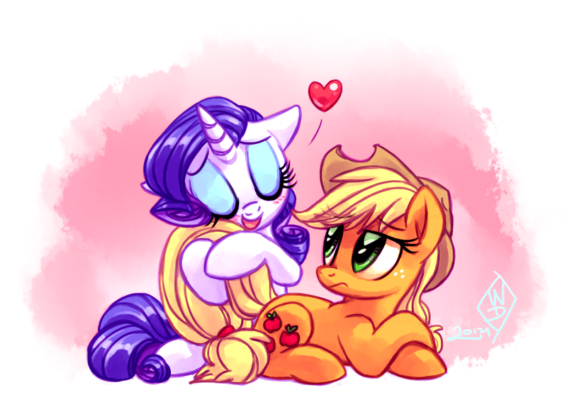 Size: 1550x1125 | Tagged: safe, artist:whitediamonds, derpibooru import, applejack, rarity, earth pony, pony, unicorn, applejack's hat, blushing, cowboy hat, duo, duo female, eyebrows, eyebrows visible through hair, eyes closed, female, floating heart, freckles, frown, g4, hat, heart, horn, hug, image, lesbian, looking at someone, lying down, mare, open mouth, open smile, png, prone, rarijack, rarijack daily, shipping, signature, smiling, tail, tail hug, tail pull