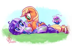 Size: 1750x1125 | Tagged: safe, artist:whitediamonds, derpibooru import, applejack, rarity, sweetie belle, earth pony, pony, unicorn, american football, belle sisters, boop, clothes, dirty, eyebrows, eyebrows visible through hair, female, filly, foal, freckles, g4, grass, hatless, horn, image, lesbian, lying down, mare, missing accessory, oh come on, on back, open mouth, png, rarijack, rarijack daily, shipping, siblings, signature, sisters, smiling, sports, trio