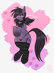 Size: 1334x1827 | Tagged: suggestive, artist:pensu, derpibooru import, oc, oc:pen pressure, unofficial characters only, anthro, earth pony, pony, bell, bell collar, blushing, chubby, clothes, collar, cutie mark, gradient background, image, lidded eyes, long hair, long mane, paw prints, png, ponytail, socks, striped socks, thigh highs, whiskers