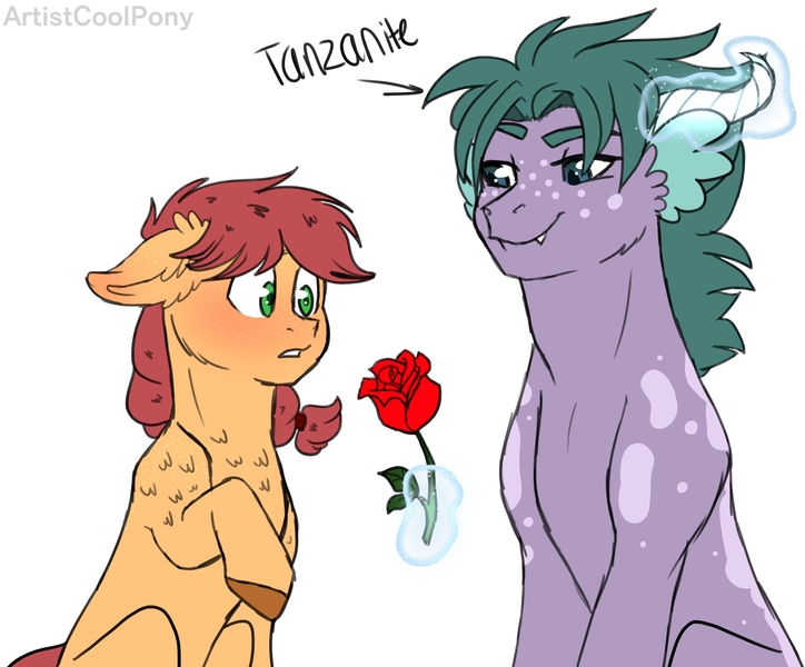 Size: 1447x1200 | Tagged: safe, artist:artistcoolpony, derpibooru import, oc, oc:ginger gold, oc:tanzanite, unofficial characters only, dracony, earth pony, hybrid, pony, 2017, blushing, duo, duo male and female, female, flower, horns, image, interspecies offspring, jpeg, levitation, magic, male, mare, oc x oc, offspring, offspring shipping, old art, parent:applejack, parent:rarity, parent:soarin', parent:spike, parents:soarinjack, parents:sparity, rose, shipping, simple background, stallion, straight, telekinesis, white background