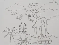 Size: 2215x1689 | Tagged: safe, artist:pony quarantine, derpibooru import, oc, unofficial characters only, pony, unicorn, dialogue, female, ferris wheel, giant pony, grayscale, helicopter, image, jpeg, macro, mare, monochrome, name tag, solo, teary eyes, traditional art