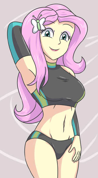 Size: 1860x3348 | Tagged: safe, artist:sumin6301, derpibooru import, fluttershy, human, equestria girls, arm behind head, belly button, breasts, busty fluttershy, clothes, female, high res, image, jpeg, solo, swimsuit, two-piece swimsuit