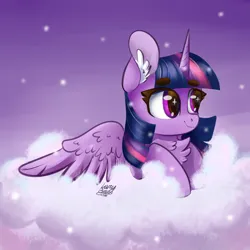 Size: 4000x4000 | Tagged: safe, artist:lazybread, derpibooru import, twilight sparkle, twilight sparkle (alicorn), alicorn, pony, absurd resolution, bust, chest fluff, cloud, cute, ear fluff, eyebrows, eyebrows visible through hair, female, g4, horn, image, mare, night, night sky, on a cloud, png, signature, sky, smiling, solo, sparkly eyes, spread wings, stars, three quarter view, twiabetes, wingding eyes, wings