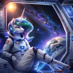 Size: 2048x2048 | Tagged: safe, derpibooru import, machine learning generated, stable diffusion, princess celestia, alicorn, anthro, digitigrade anthro, ai content, astronaut, galaxy, hand, horn, image, png, pony ears, prompter:mr-bat, smiling, space, sun, wingless, wingless anthro