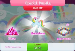 Size: 1266x857 | Tagged: safe, derpibooru import, idw, official, moonstone, pony, unicorn, g1, bow, bundle, costs real money, english, female, fence, g4, gameloft, gem, horn, idw showified, image, jpeg, mare, mobile game, my little pony: magic princess, numbers, sale, solo, solo focus, tail, tail bow, text