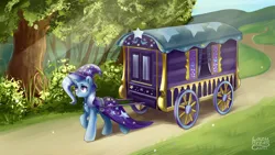 Size: 2560x1440 | Tagged: safe, artist:lazybread, derpibooru import, trixie, pony, unicorn, brooch, cape, clothes, eyebrows, female, g4, grass, hat, horn, image, jewelry, mare, outdoors, png, pulling, raised hoof, signature, solo, tree, trixie's brooch, trixie's cape, trixie's hat, trixie's wagon, wagon, wizard hat