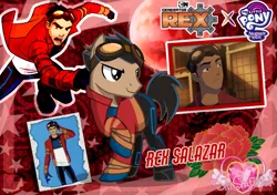 Size: 1000x703 | Tagged: safe, artist:siti shafiyyah, ponified, earth pony, human, pony, base used, blood moon, cartoon network, clothes, crossover, flower, generator rex, image, logo, male, moon, my little pony, open mouth, plant, png, red background, rex salazar, simple background, smiling, solo, solo male, stallion, text, wallpaper, watermark