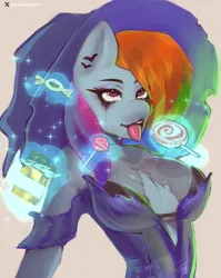 Size: 1952x2448 | Tagged: suggestive, artist:melkaya, derpibooru import, rainbow dash, anthro, pony, ahegao, breasts, busty rainbow dash, candy, chocolate, cleavage, clothes, ear piercing, earring, food, hat, image, jewelry, lollipop, magic, magic aura, makeup, narrowed eyes, open mouth, piercing, png, running makeup, sparkles, tongue out, torn clothes, wingless, wingless anthro, witch, witch hat