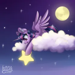 Size: 4000x4000 | Tagged: safe, artist:lazybread, derpibooru import, twilight sparkle, twilight sparkle (alicorn), alicorn, pony, absurd resolution, cloud, commission, ear fluff, female, full moon, g4, horn, image, looking at something, mare, moon, night, night sky, on a cloud, open mouth, open smile, png, signature, sky, smiling, solo, sparkles, spread wings, stars, tangible heavenly object, wings, ych result