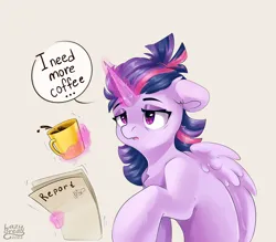 Size: 4000x3500 | Tagged: safe, artist:lazybread, derpibooru import, twilight sparkle, twilight sparkle (alicorn), alicorn, pony, ..., alternate hairstyle, coffee, coffee mug, eyebrows, female, g4, glow, glowing horn, high res, horn, image, levitation, magic, magic aura, mare, morning ponies, mug, open mouth, paper, png, signature, solo, sparkles, speech bubble, telekinesis, twiggie, wings